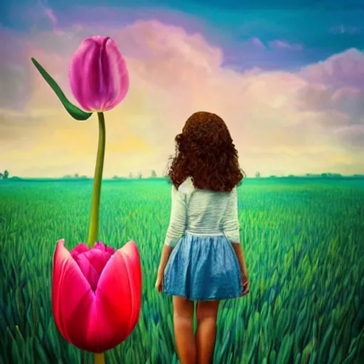 Image similar to girl with a single giant tulip as a head, surreal photography, flower field, sunset dramatic light, impressionist painting, colorful clouds, blue sky, digital painting, artstation, simon stalenhag