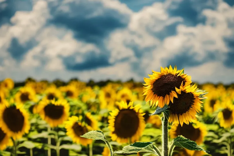 Prompt: portrait, photo of a squirtle smiling at the camera, beautiful, scene : sunflower field, colors : yellow sunflowers, cloudy sky, in a style of real - life natural photo