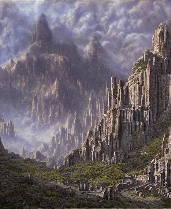 minas tirith, mountains, art deco, sense of awe, eerie