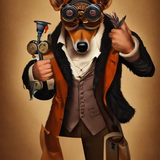 Prompt: ripped physique goggles collar leash Man Steampunk portrait Sherlock Patrick Bateman snout Detective Anthropomorphic furry fuzzy fashion vogue Chihuahua man wearing a Chihuahua costume wearing an artificer costume gerald brom bastien grivet greg rutkowski norman rockwell portrait face head snout ears eyes illustration tombow