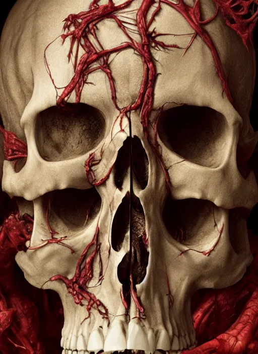 Image similar to skull with translucent skin, visible muscles and veins and arteries and bones and spines and nerves, beautiful detailed intricate insanely detailed octane render, 8k artistic photography, photorealistic, chiaroscuro, by David Cronenberg, Raphael, Caravaggio