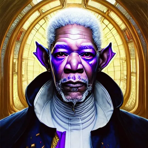 Prompt: portrait painting of a cyberpunk elven morgan freeman wearing a white and purple suit, ultra realistic, concept art, intricate details, eerie, highly detailed, photorealistic, octane render, 8 k, unreal engine. art by artgerm and greg rutkowski and charlie bowater and magali villeneuve and alphonse mucha