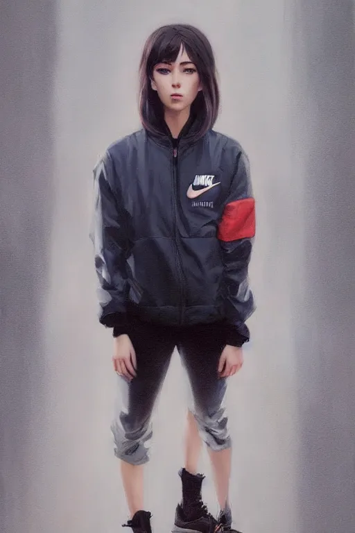 Image similar to A ultradetailed beautiful portrait panting of a stylish girl wearing an oversized Nike jacket, Oil painting, by Ilya Kuvshinov, Greg Rutkowski and Makoto Shinkai