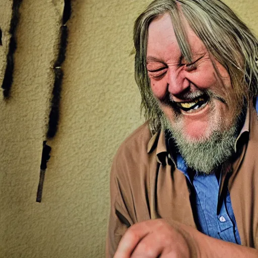 Prompt: robert wyatt laughing maniacally and shooting the viewer with his pistol