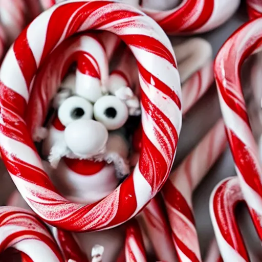 Prompt: Waldo hiding in a field of peppermint candy canes