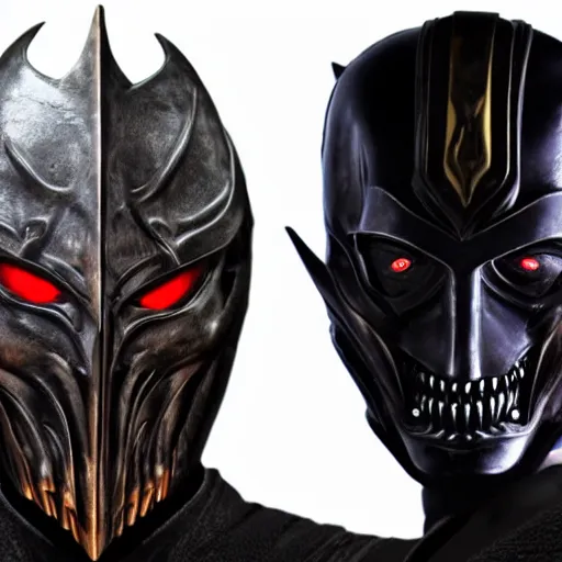 Prompt: face of an armored villian, sauron, evil, dark, mask, Black Mask