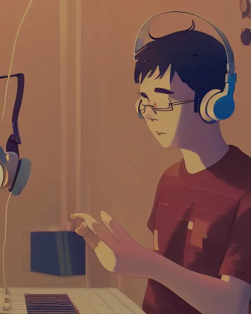 Image similar to man with headphones at his home studio producing music late at night, very detailed, 4 k, cory loftis, james gilleard, atey ghailan, makoto shinkai, goro fujita, studio ghibli, rim light, exquisite lighting, clear focus, very coherent