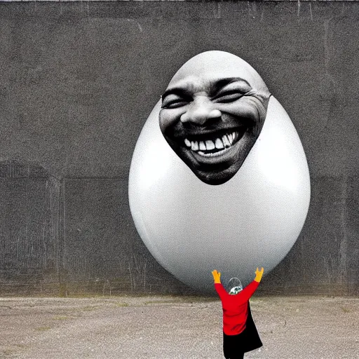 Image similar to a man laughing at a giant egg, in the future, in the style of Bansky