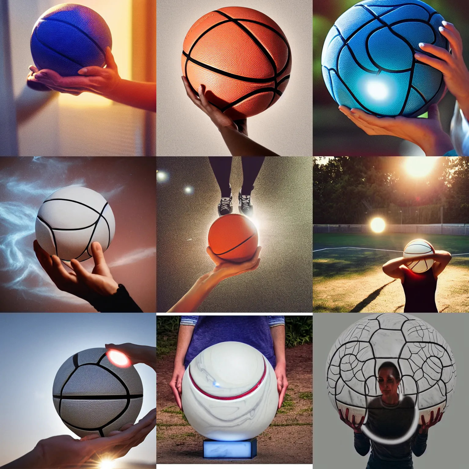 Prompt: a woman holding a basketball in her hands, a marble sculpture by meredith garniss, featured on dribble, process art, rim light, anamorphic lens flare, contest winner