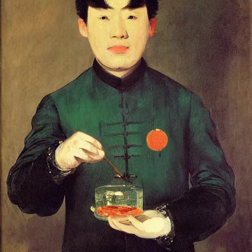 Prompt: portrait of a male chinese android bartender by edouard manet