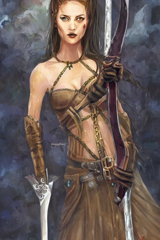 Prompt: a painting of a woman with a sword, a character portrait by Nína Tryggvadóttir, deviantart contest winner, fantasy art, wiccan, deviantart, detailed painting