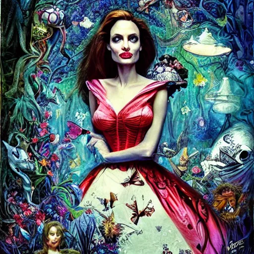 Prompt: angelina jolie in alice in wonderland tripping on lsd, intricate detail, painting, royo, frazetta, whealan,