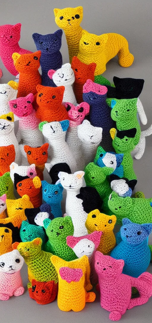 Prompt: multicolored crocheted cats, 2 0 2 0 s catalogue photo,