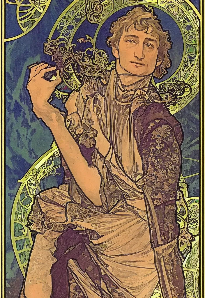 Image similar to geoffrey hinton as the emperor on a tarot card, tarot in art style by alphonse mucha