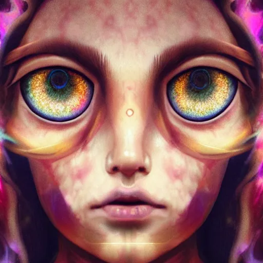 Image similar to !5 three eyed goddesses, third eyes middle of foreheads, long necks, very wide wide shot, very hairy bodies, beautiful colors, eyes in forehead, beautiful lighting, detailed photographs, very detailed, eyes reflecting into eyes reflecting into infinity