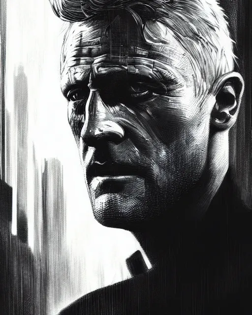 Prompt: a close up portrait of roy batty from blade runner, rainy streets in the background, digital art by ross tran and angel ganev, highly detailed, trending on artstationhq