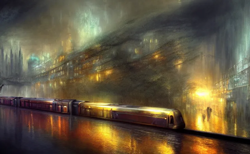 Image similar to an urban train rides inside of a waterway on a fantasy city. by artstation trending, by joseph mallord william turner, luis royo, konstantin razumov, cinematic lighting, fractal flame, highly detailed