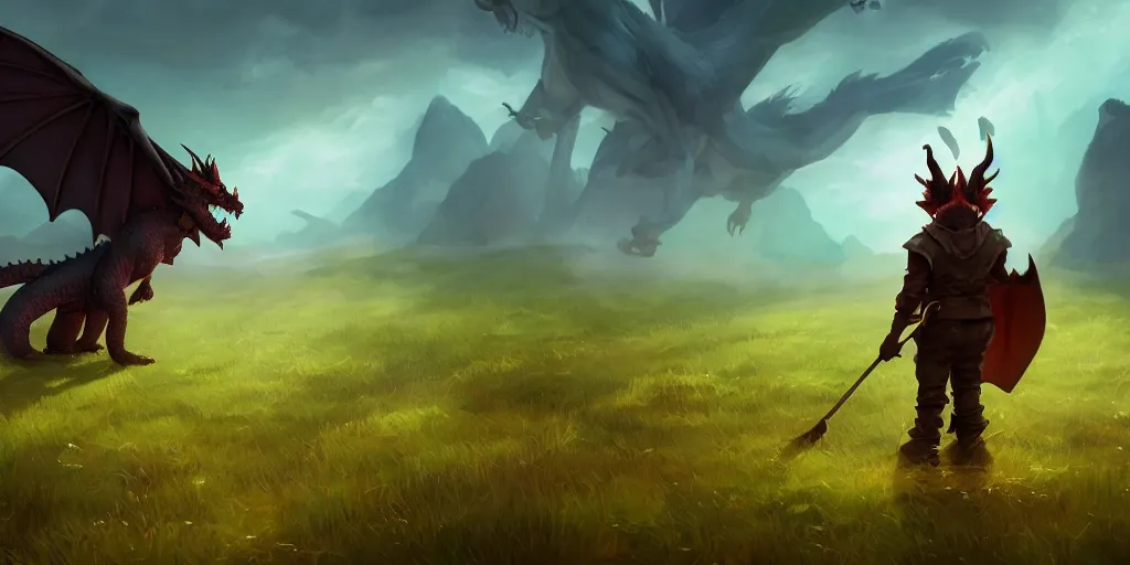 Prompt: A dragon stands in the middle of a meadow, dark atmosphere, mattepainting concept Blizzard pixar maya engine on stylized background splash comics global illumination lighting artstation lois van baarle, samwise didier, rossdraws