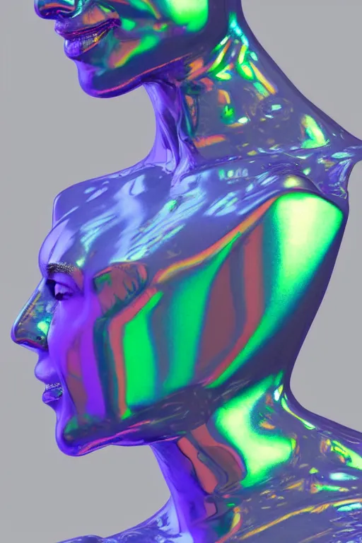 Image similar to 3d render of holographic human robotic bust made of glossy iridescent, bust, surrealistic 3d illustration of a human non-binary, non binary model, 3d model human, cryengine, made of holographic texture, holographic material, holographic rainbow, concept of cyborg and artificial intelligence