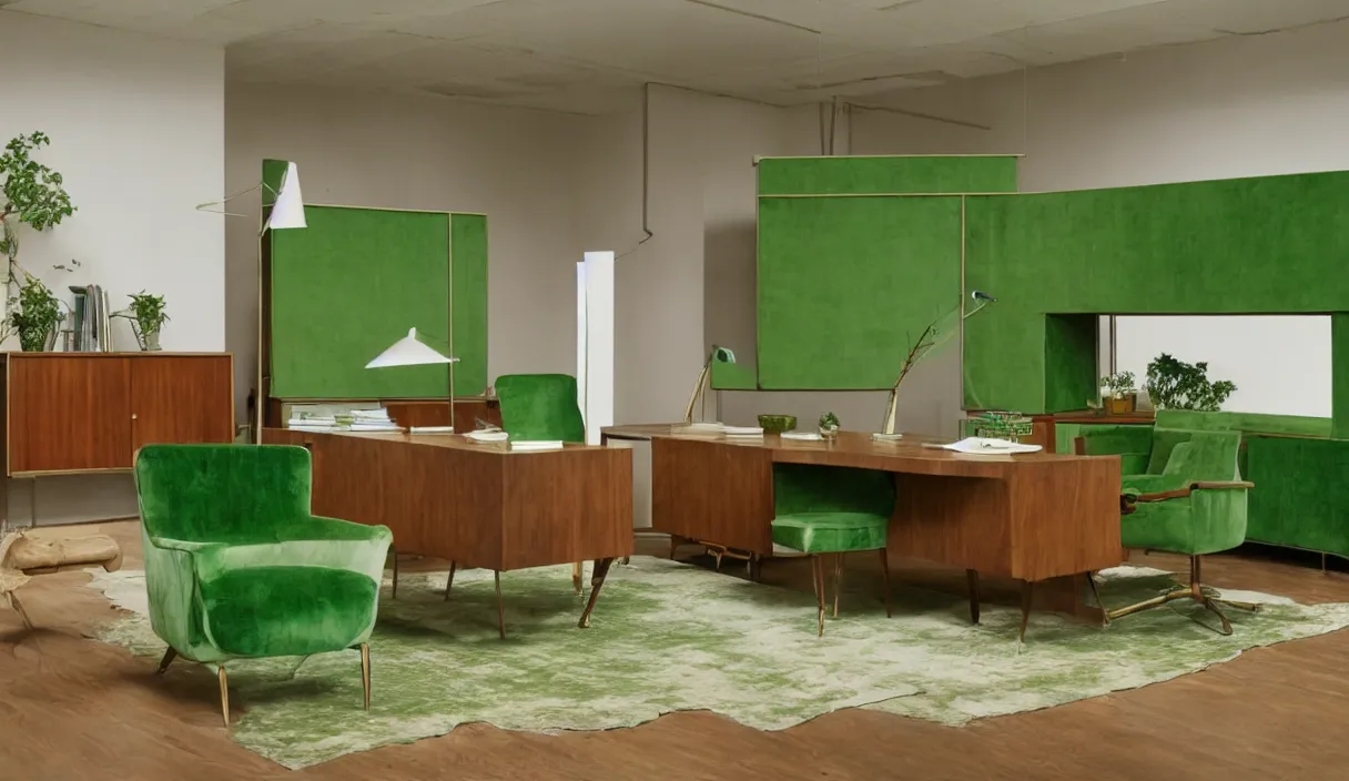 Image similar to a still of severance series indoor 7 0 s green velvet and wood with metal furniture office scenario appearing as a 7 0 s prisunic catalog, in color