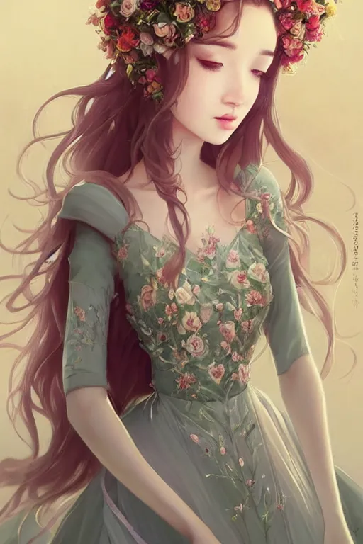 Image similar to romantic and fashion and love princess of the flower with sheath dress, 8 k realistic, teenager girl, baroque, symmetrical, flowing hair, smile, trending pinterest and pixiv, muted colors, hyperrealistic, l close up shot, character concept art, face by kyoung hwan kim, alexandra fomina, ilya kuvshinov