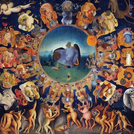 Prompt: a masterpiece apotheosis painting by bosch and greg rutowski and lisa frank