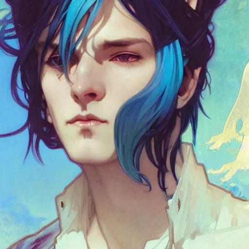 Image similar to Portrait of a pretty fantasy catboy with blue hair and cute small cat ears. Art by Greg Rutkowski and Alphonse Mucha