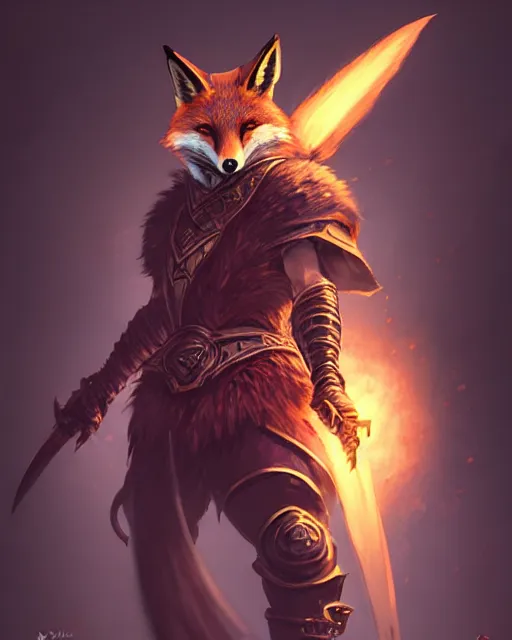 Image similar to Fox Warrior holding small bag, evil smile, medium shot, D&D, artstation, fantasy, magic the gathering artwork, cinematic lighting, centered, symmetrical, highly detailed, digital painting, , concept art, smooth, sharp focus, illustration, volumetric lighting, epic Composition, 8k, art by Akihiko Yoshida and Greg Rutkowski and Craig Mullins, oil painting, cgsociety