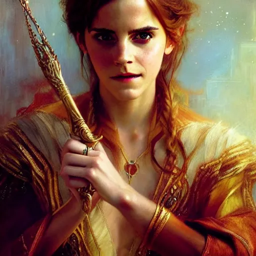 Image similar to emma watson as stunning female master wizard, highly detailed painting by gaston bussiere, craig mullins, j. c. leyendecker, 8 k