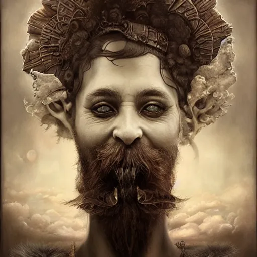 Image similar to By Tom Bagshaw, ultra realist soft painting of curiosities carnival by night, Dwarf grins beard, symmetry accurate features, very intricate details, ominous sky, black and white, volumetric light clouds