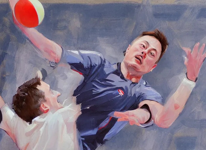 Image similar to a highly detailed beautiful portrait of elon musk playing voleyball, by gregory manchess, james gurney, james jean