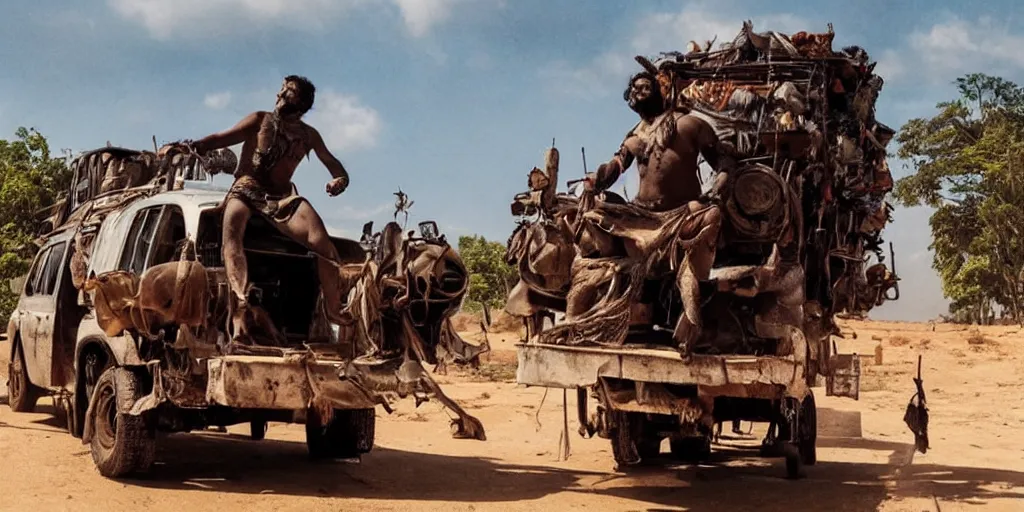 Image similar to sri lankan mad max style, playing bongo drum, on top of a truck, film still, epic shot cinematography, rule of thirds