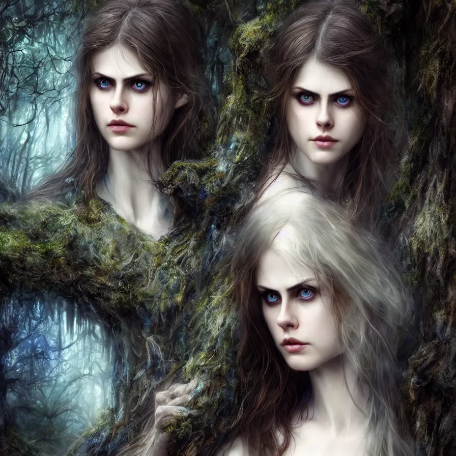 Image similar to photo of a gorgeous nordic female, covered in blue blood, in a dark forest, alexandra daddario face!, realistic, sharp focus, 8 k high definition, insanely detailed, intricate, elegant, art by stanley lau and artgerm, luis royo, greg kutkowski