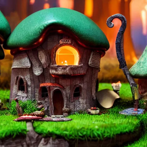 Image similar to A cute mushroom house with smoking chimney, glowing windows on the floor of the enchanted forest. stop motion set from the Box Trolls, medium shot, might cinematic lighting, sharp, high detail