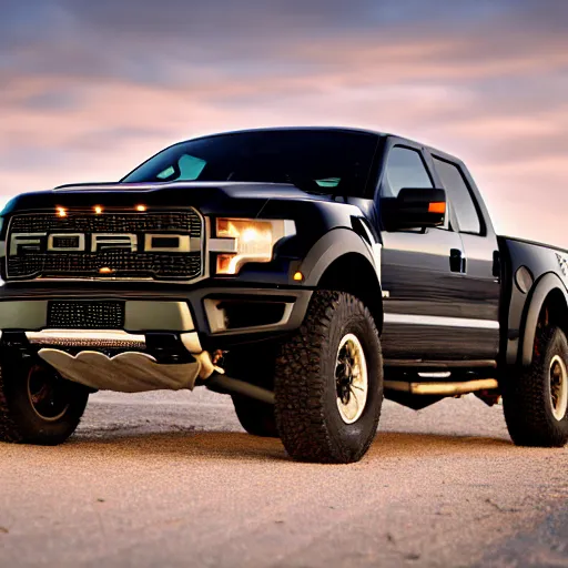 Image similar to a highly detailed photo of a black ford raptor in alberta at sundown, 4 k high - resolution photograph, ultra detail, hd photo