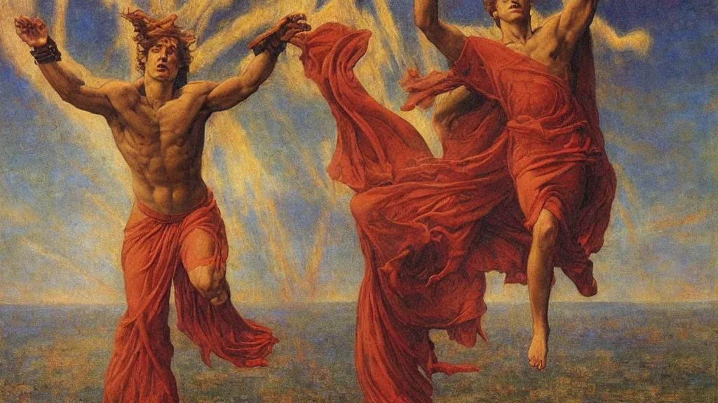 Image similar to ( he is strong with change, and rideth forth in whirlwind clothed, with thunders and with doom to the red stars ) in the style of max klinger, george frederick watts, jean delville, oil on canvas