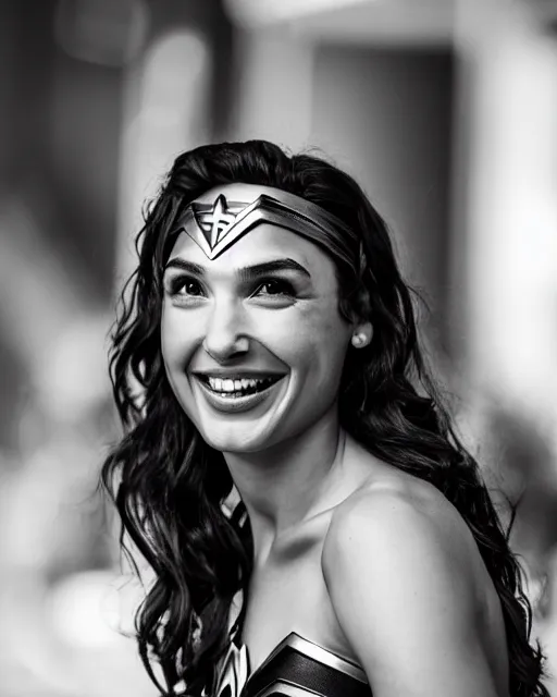 Image similar to gal gadot as she crinkles her nose while laughing, dressed as wonder woman, photorealistic, black and white photography, 2 0 0 mm nikkor m f / 5. 6, 4 x 5 film, bokeh