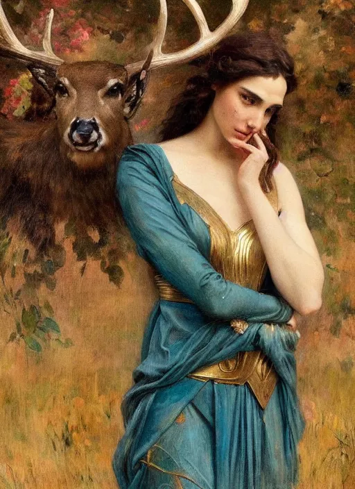 Image similar to a beautiful painting of Gal Gadot as a deer by juan luna, pre-raphaelite, detailed, trending on artstation, hd, masterpiece