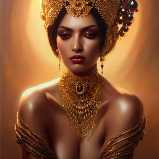 Prompt: expressive oil painting, of alluring persian princess, alluring look, smooth glowing skin, glistening body, love, adoration, ornate headpiece of black beads, tattoo, glamour shot, by yoshitaka amano, by greg rutkowski, by jeremyg lipkinng, by artgerm, digital art, octane render