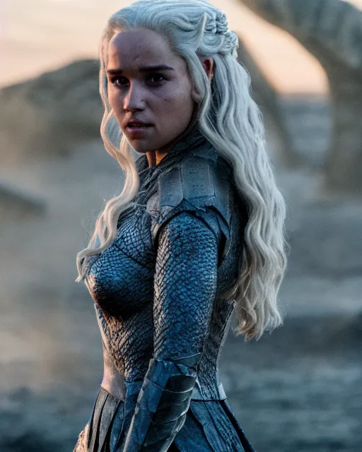 Image similar to shantel vansanten as daenerys targaryen, golden hour, cinematic