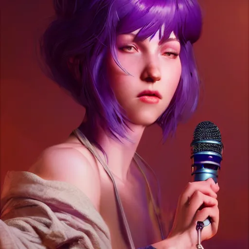 Image similar to stunningly beautiful purple haired female at home studio singing karaoke late at night, very detailed, 4 k, concept art like ernest khalimov, intricate details, highly detailed by greg rutkowski, ilya kuvshinov, gaston bussiere, craig mullins, simon bisley, backlit