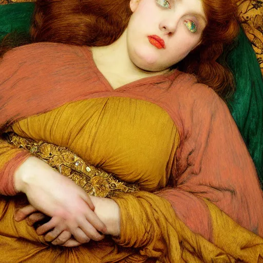 Image similar to preraphaelite photography reclining on bed, a hybrid of judy garland and a hybrid of lady gaga and eleanor of aquitaine, aged 2 5, big brown fringe, yellow ochre ornate medieval dress, john william waterhouse, kilian eng, rosetti, john everett millais, william holman hunt, william morris, 4 k