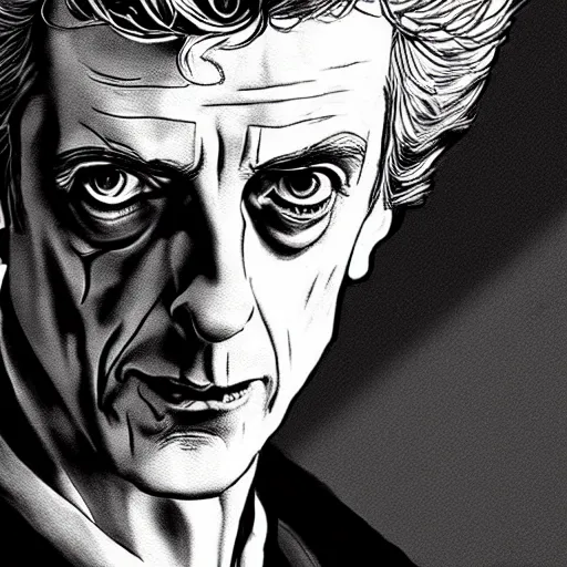 Prompt: Peter Capaldi in a scene from Berserk, artstation, concept art, sharp focus, illustration in pen an ink, extremely detailed, extremely complex, black and white, art by Masashi Tanaka