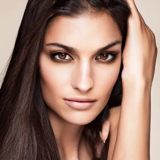 Image similar to Portrait photo of a beautiful supermodel, beautiful bone structure, long dark hair, olive skin, brown eyes, natural makeup, studio lighting, highly detailed, photo by Damon Loble.