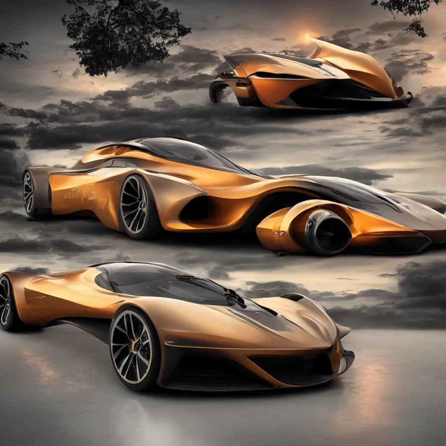 Image similar to exotic futuristic sportscar race designed by lotus pininfarina and vw design, circa 9, 0 0 0, sunset background, hdr, photorealistic, volumetric lighting, 8 k, bokeh