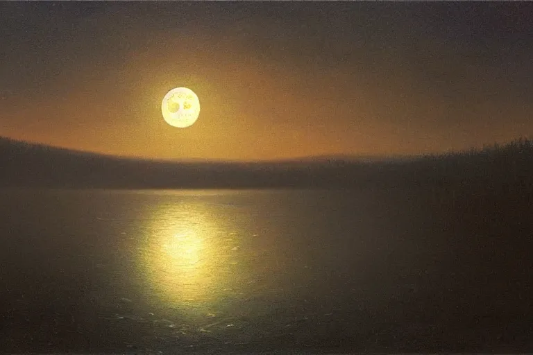 Prompt: awe inspiring arkhip kuindzhi landscape, hyperrealistic oil painting, moonlight over a river at night, 4 k, matte