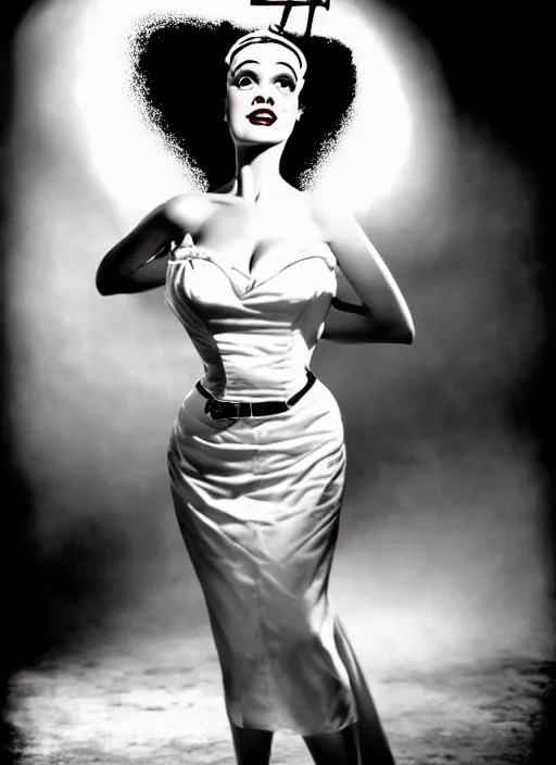 Image similar to pin - up photography of the bride of frankenstein, flash photography,