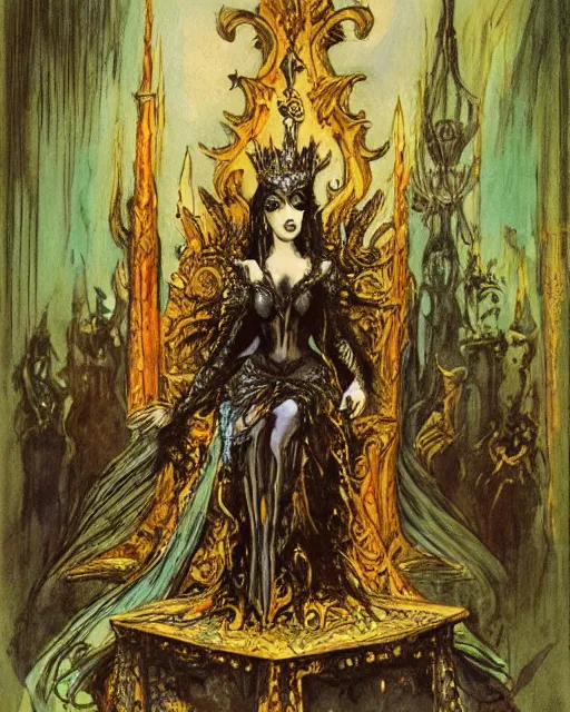 Prompt: an illustration of a dark queen on a throne at night by marc davis and by gustave moreau, realistic, gouache, painting