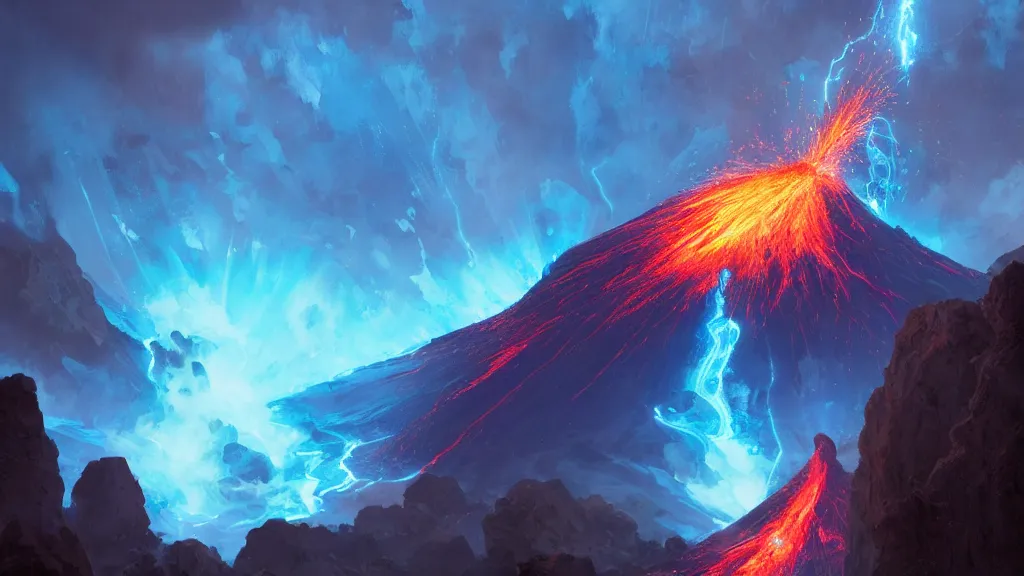 Image similar to volcano erupting blue flames, glowing! blue plumes, by greg rutkowski, sylvain sarrailh, rossdraws, ambient light, ultra detailed, fantasy artwork, 8 k, volumetric lighting, trending on artstation, award winning, beautiful scenery, very very very very very very very beautiful.