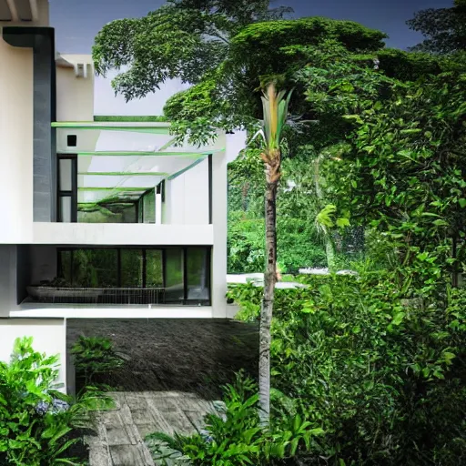 Image similar to modern house, surrounded by a lush jungle, hyper realistic, photo real,